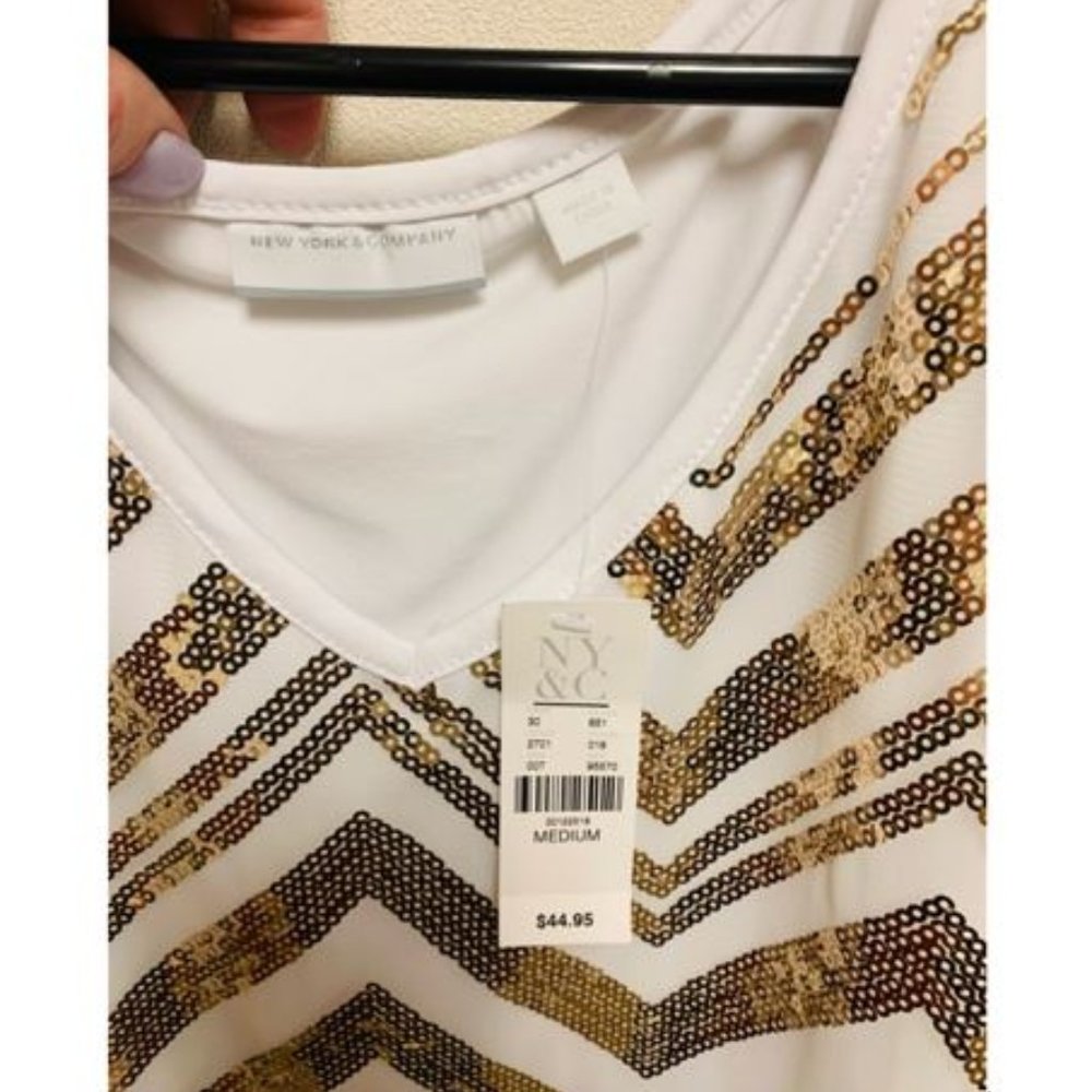 New York & Company, White Tank, Gold Sequin Embellished Chevron, Medium, NWT - Picture 3 of 7